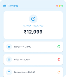 Payments dashboard showing received payments and student payment status list.